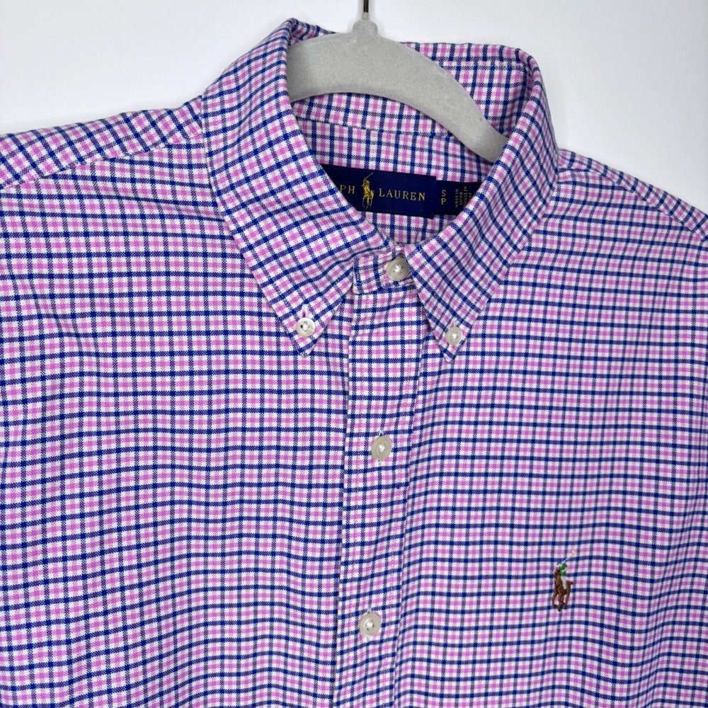Polo Ralph Lauren Mens Slim Fit Gingham Button Down Shirt Pink Navy Blue Small - Picture 3 of 3